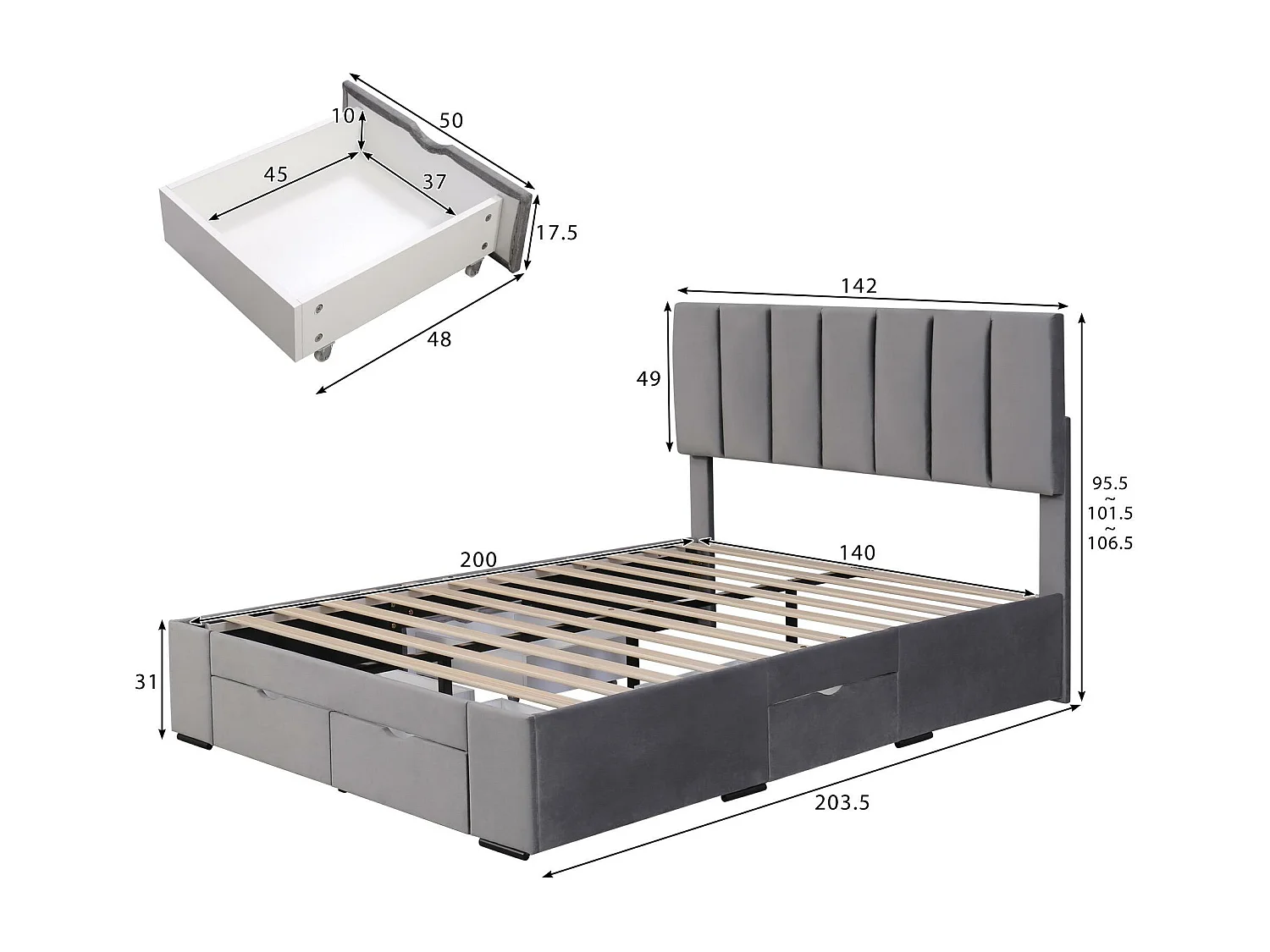 Mit Samt gepolstertes Bett für Erwachsene, 140 x 200 cm, mit 4 Schubladen + verstellbarem Kopfteil + Lattenrost – Grau