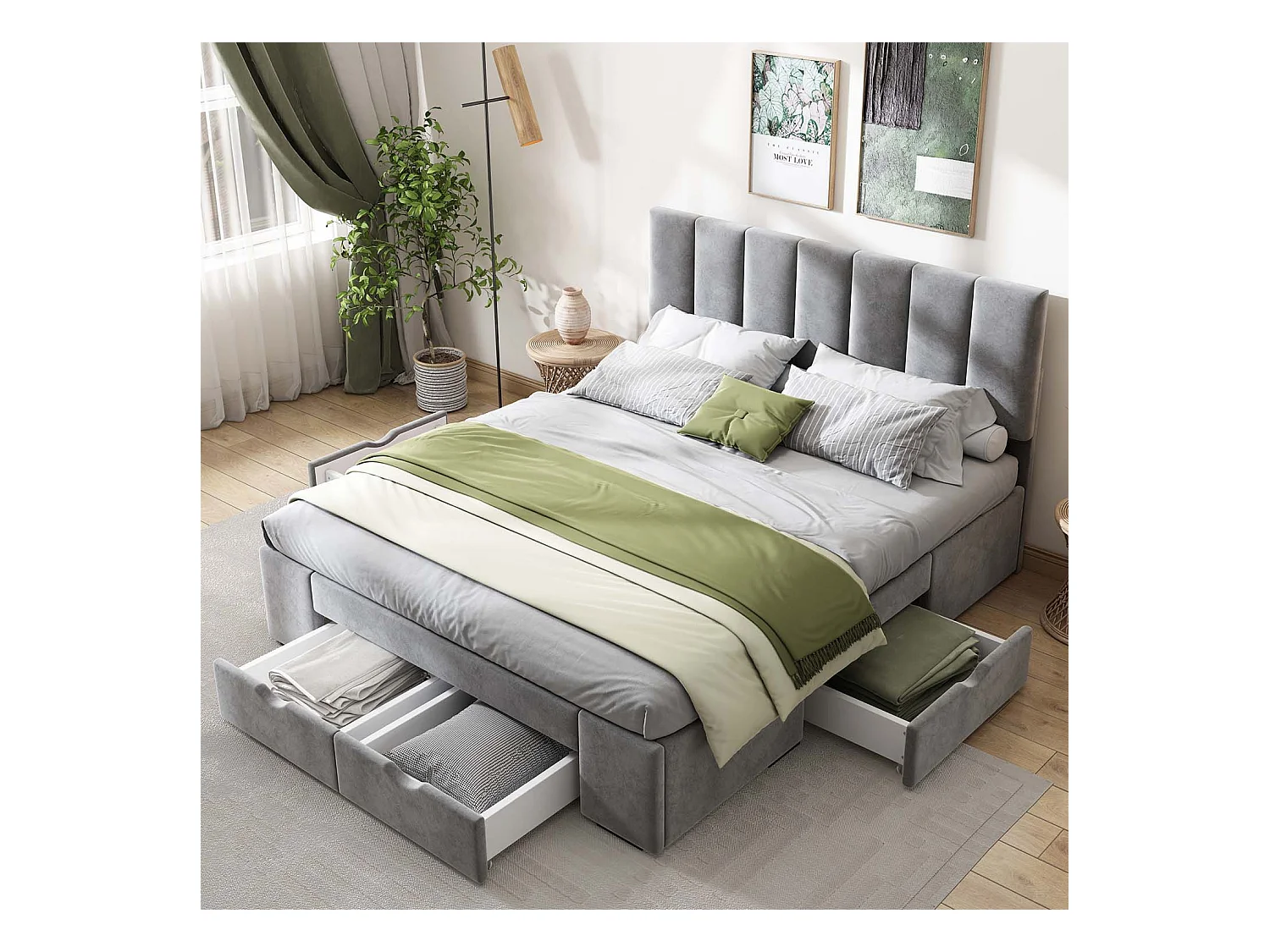 Lit adulte rembourré en velours 140x200cm avec 4 tiroirs + tête de lit réglable + sommier à lattes - Gris