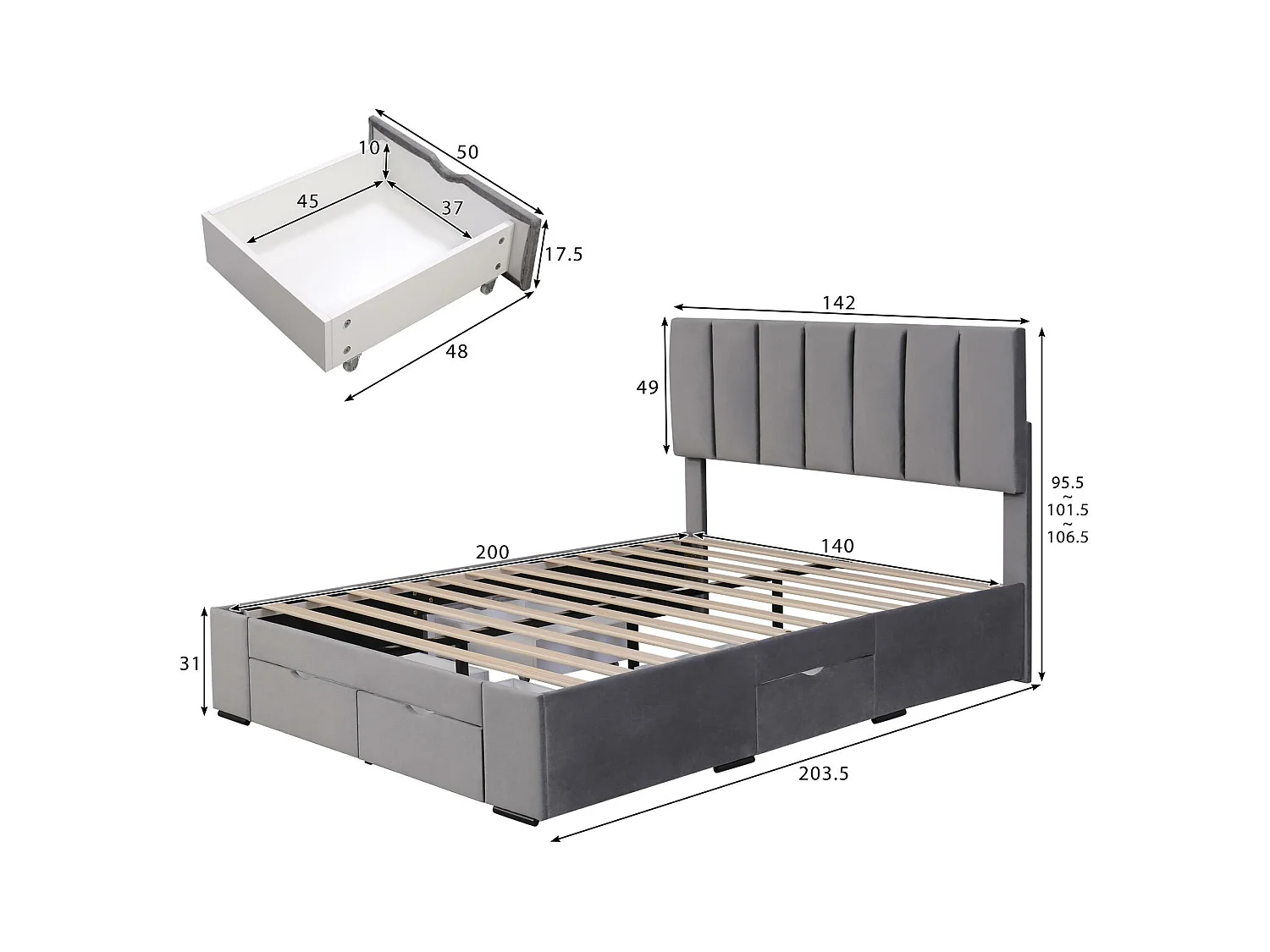 Lit adulte rembourré en velours 140x200cm avec 4 tiroirs + tête de lit réglable + sommier à lattes - Gris