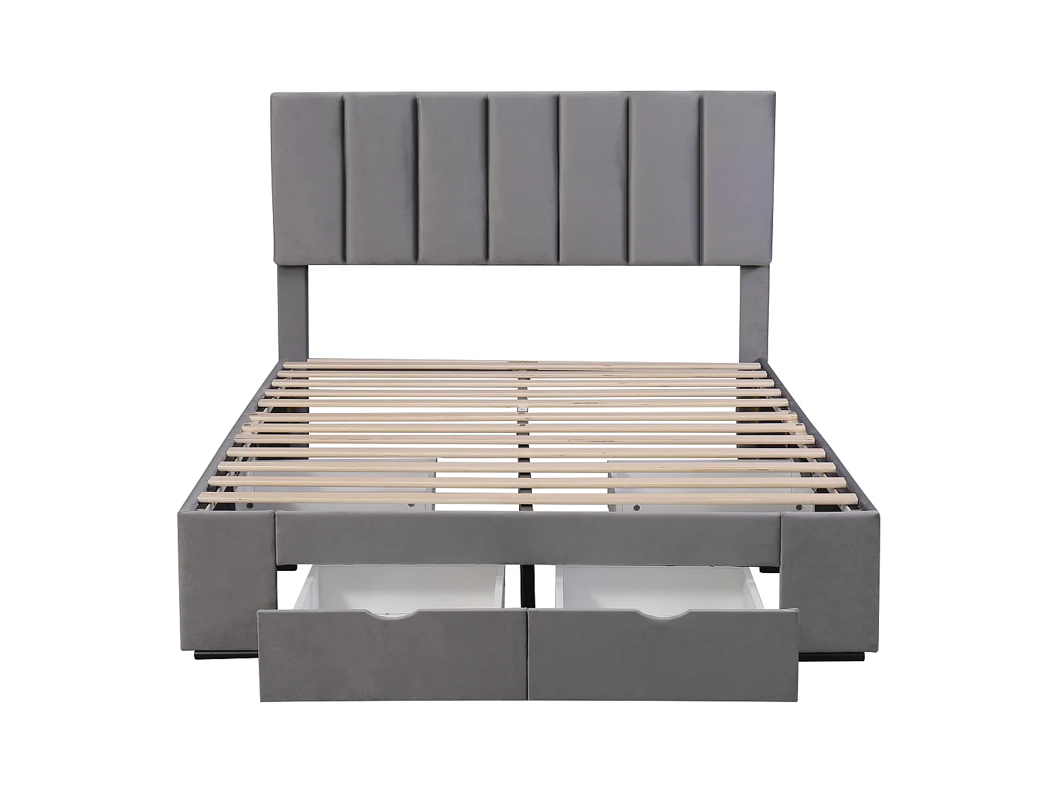 Lit adulte rembourré en velours 140x200cm avec 4 tiroirs + tête de lit réglable + sommier à lattes - Gris