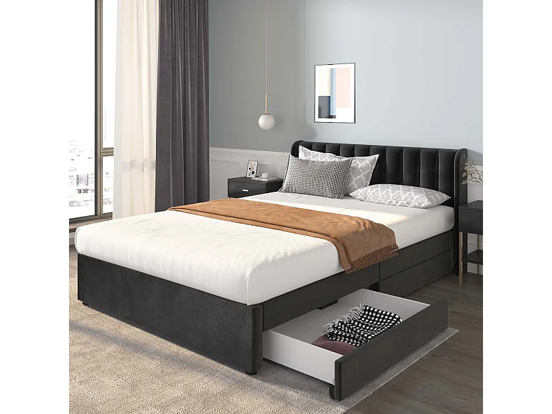 160 x 200 cm großes Bett mit 2 Schubladen – mit Samt gepolstert – moderner Stil – Schwarz