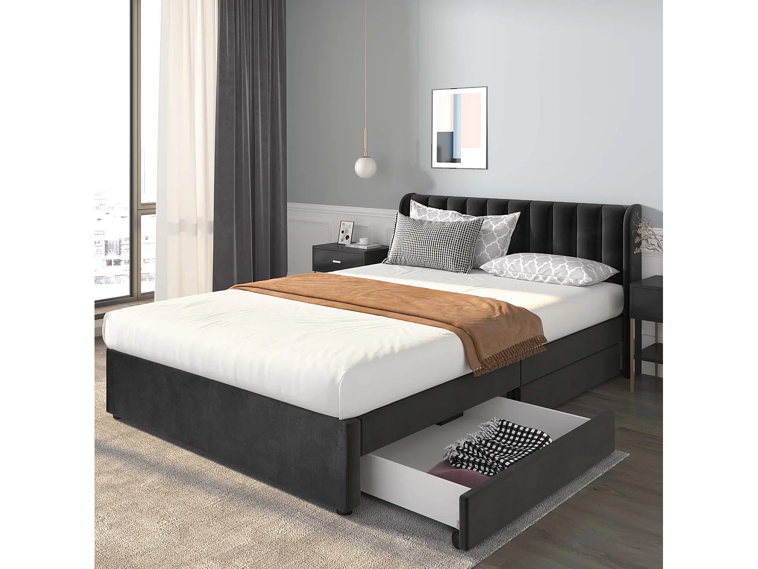 Letto 160x200 cm con 2 cassetti - rivestito in velluto - stile moderno - Nero