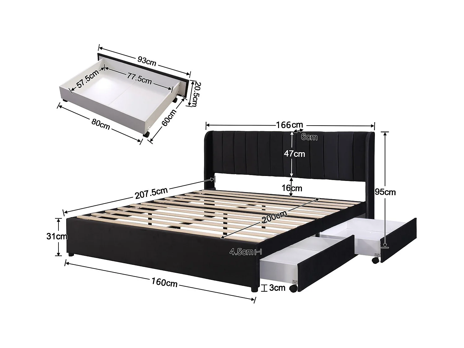 Lit rembourré en velours 160x200cm avec 2 tiroirs + sommier à lattes - style moderne - Noir