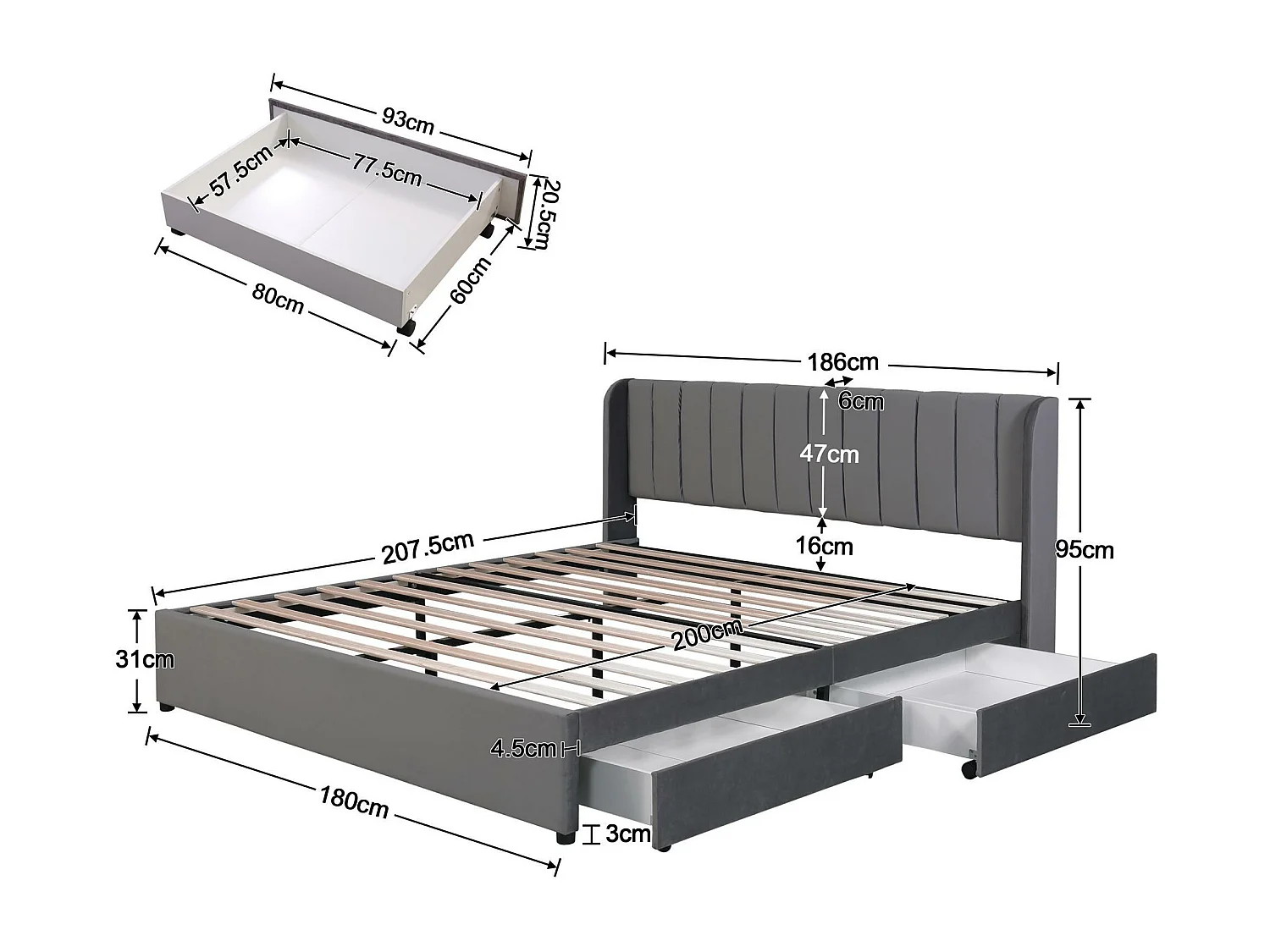 180 x 200 cm großes Bett mit 2 Schubladen – mit Samt gepolstert – moderner Stil – Grau