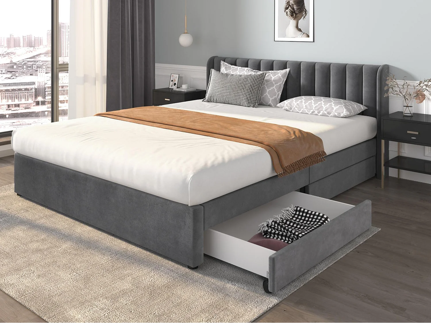 Bed van 180x200cm met 2 laden - bekleed met fluweel - moderne stijl - Grijs