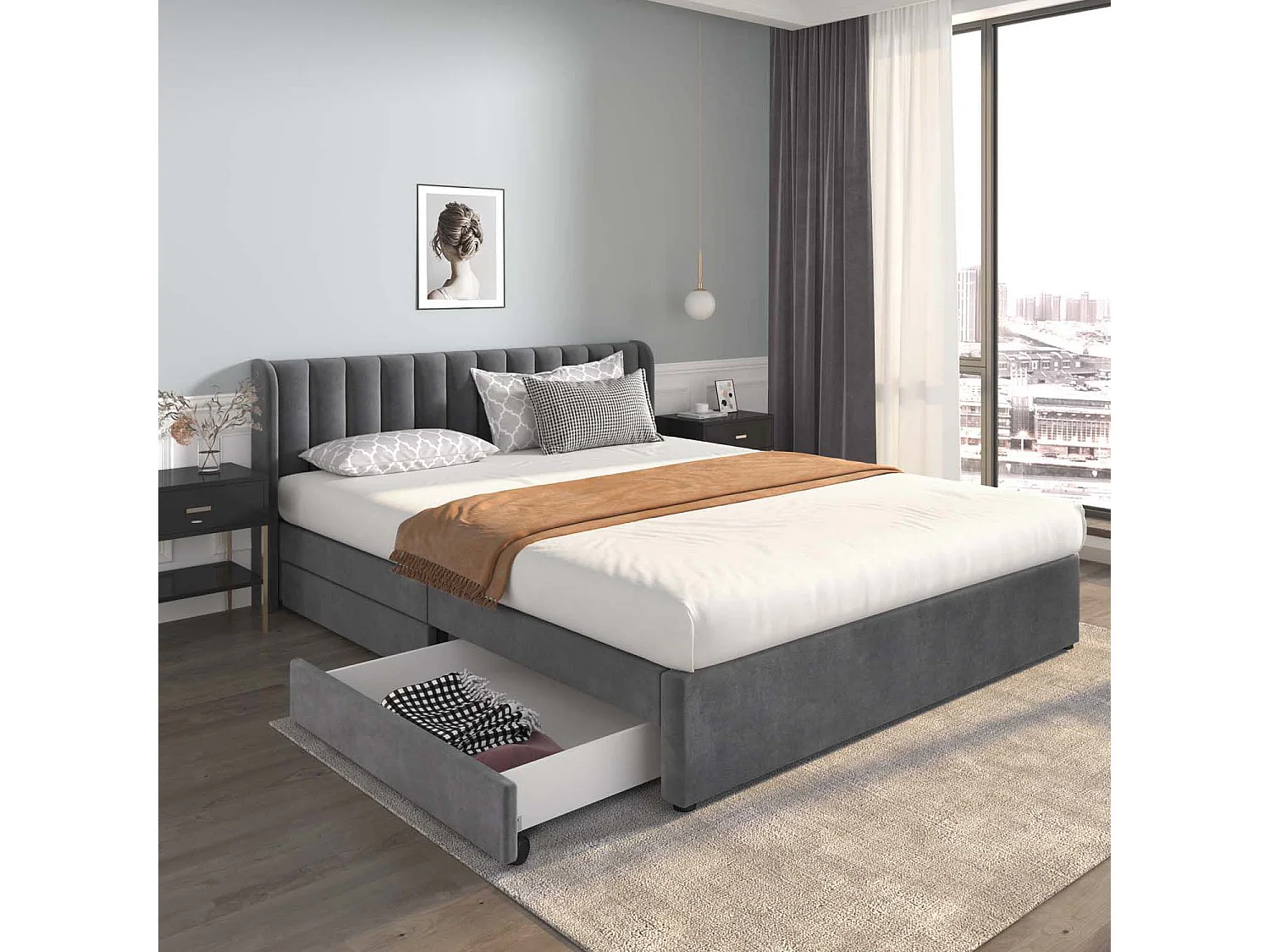 Lit rembourré en velours 180x200cm avec 2 tiroirs + sommier à lattes - style moderne - Gris