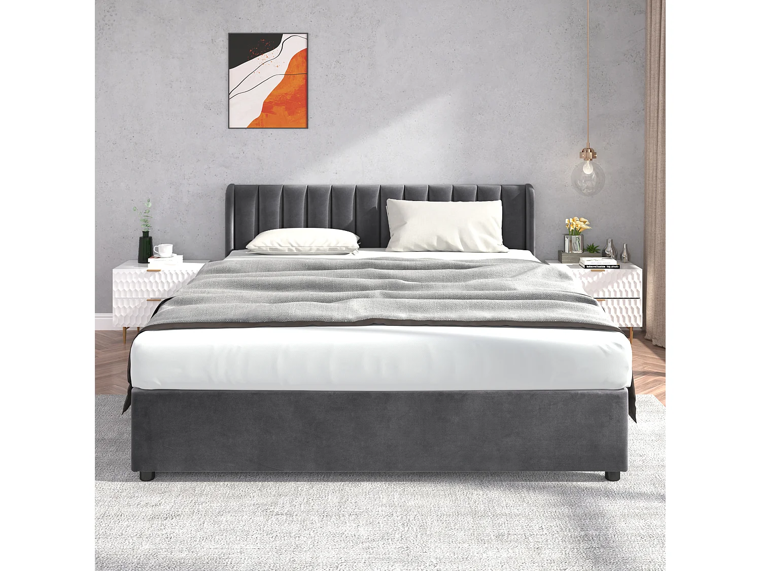Lit rembourré en velours 180x200cm avec 2 tiroirs + sommier à lattes - style moderne - Gris
