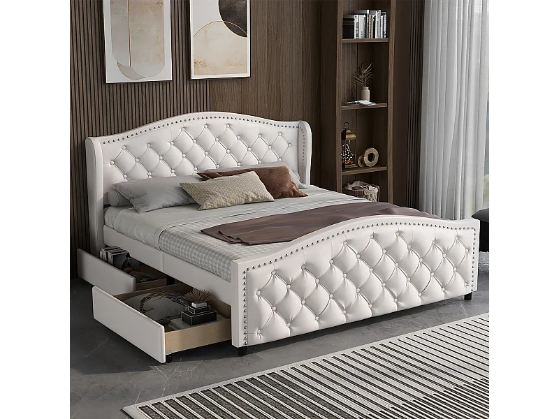 Mit Kunstleder gepolstertes Erwachsenenbett – 140 x 200 cm – mit 2 Schubladen – Weiß