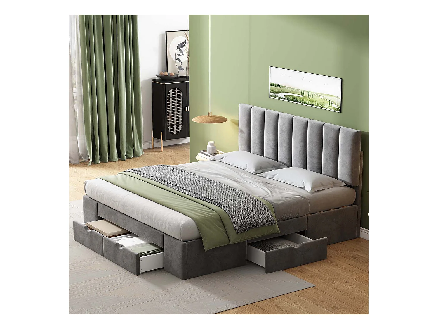 Lit adulte rembourré en velours 160x200cm avec 4 tiroirs + tête de lit réglable + sommier à lattes - Gris
