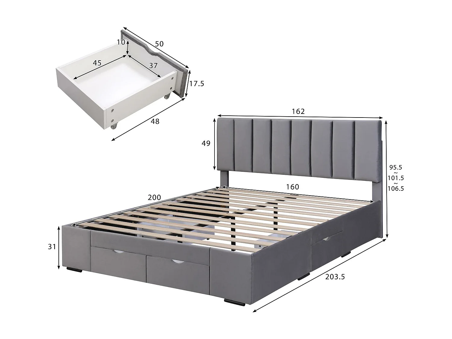 Lit adulte rembourré en velours 160x200cm avec 4 tiroirs + tête de lit réglable + sommier à lattes - Gris