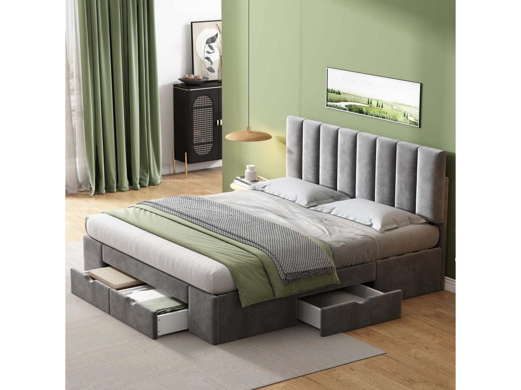 Volwassen bed bekleed met fluweel 160x200cm met 4 laden + verstelbaar hoofdeinde + lattenbodem - Grijs