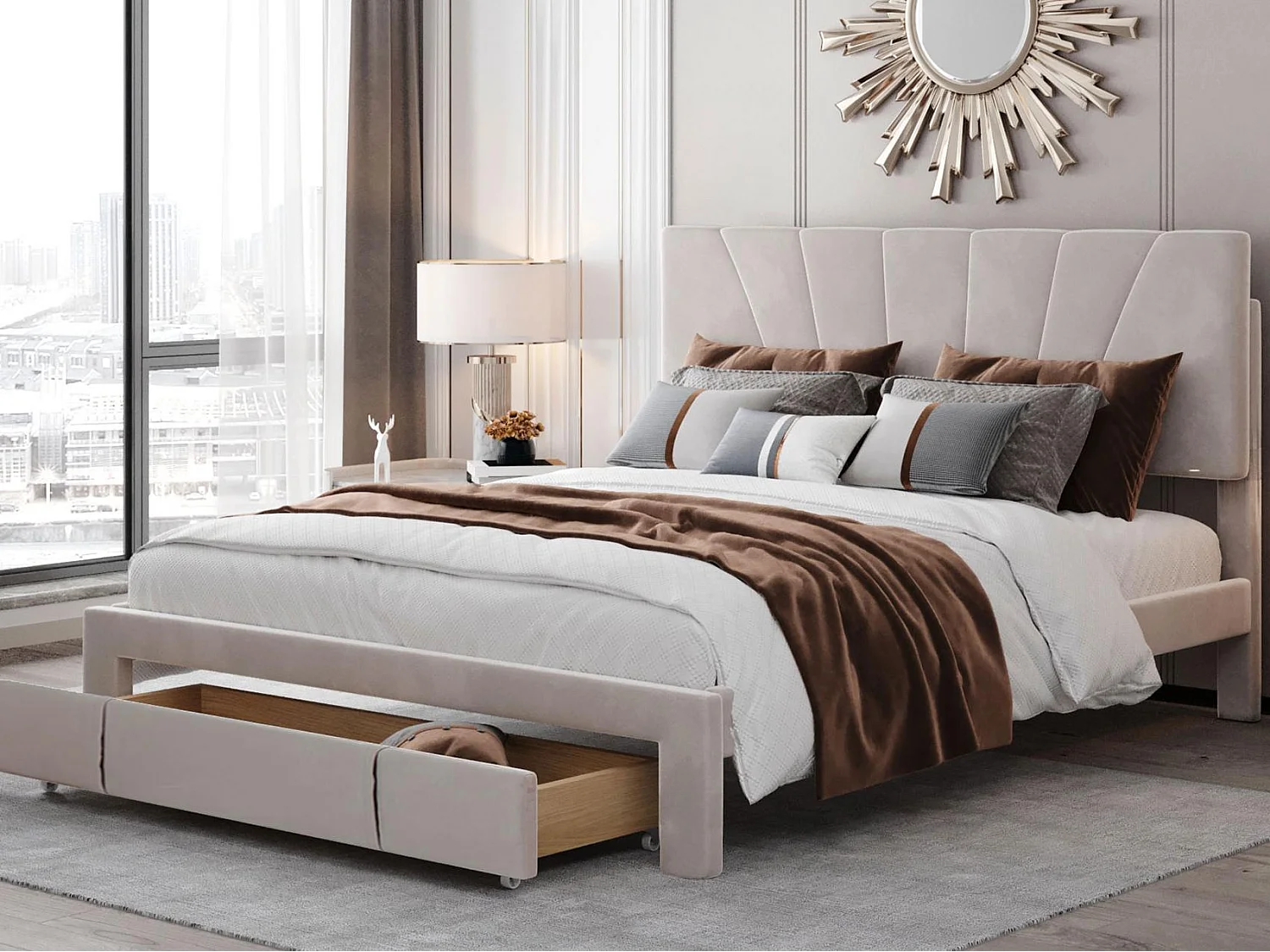 Tweepersoonsbed bekleed met fluweel - 140x200cm - met grote lade - Beige