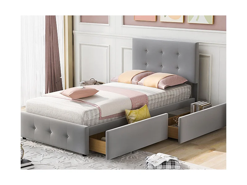 Gepolstertes Samtbett 90x200cm – Einzelbett mit 2 Schubladen und Lattenrost – Grau