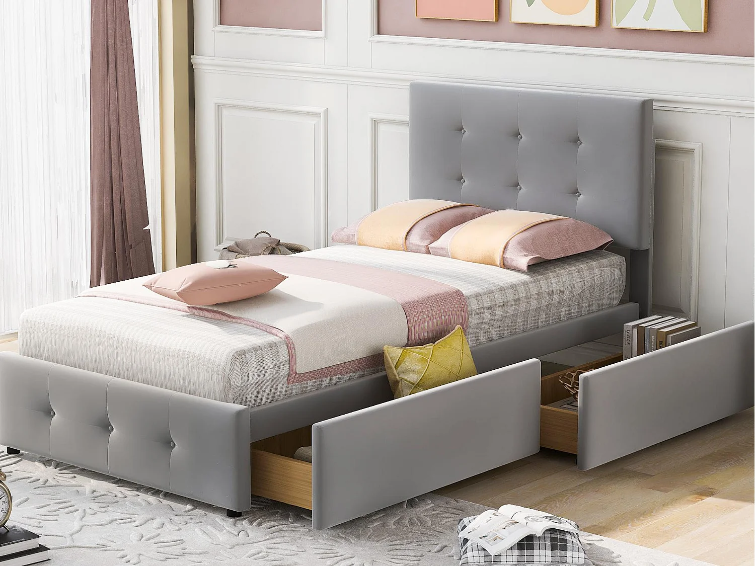 Lit capitonné en velours 90x200cm - lit simple avec 2 tiroirs et sommier à lattes - Gris