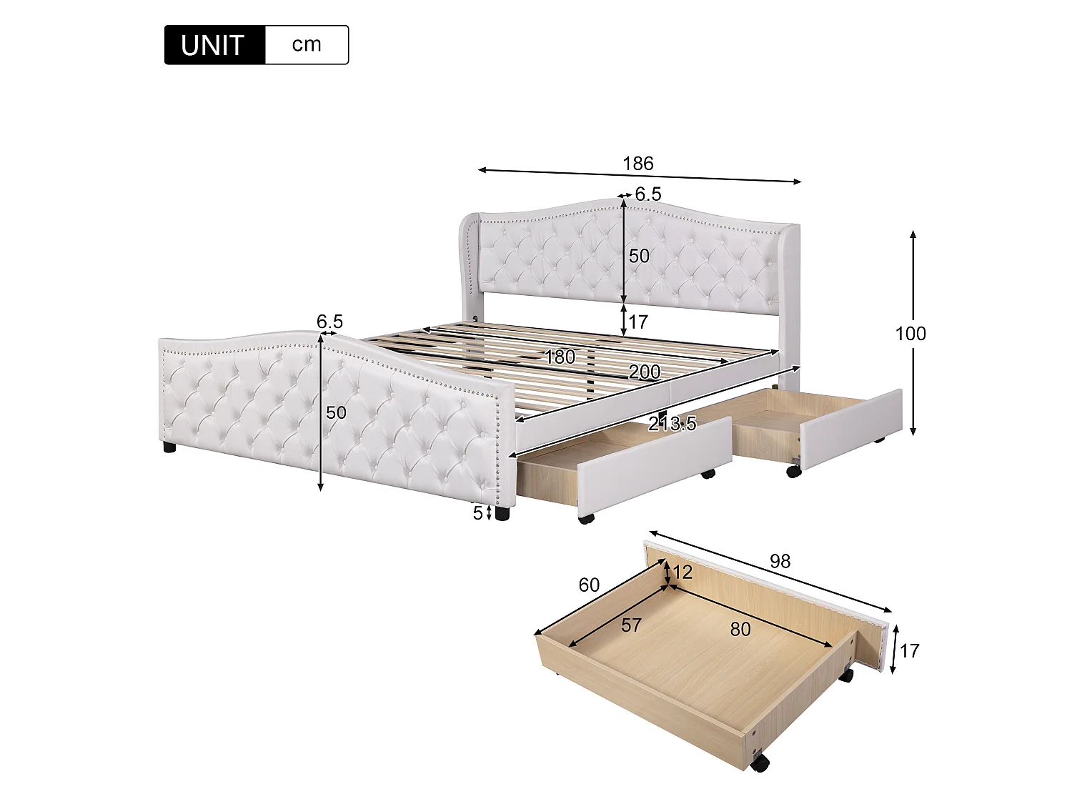 Mit Kunstleder gepolstertes Erwachsenenbett – 180 x 200 cm – mit 2 Schubladen – Weiß