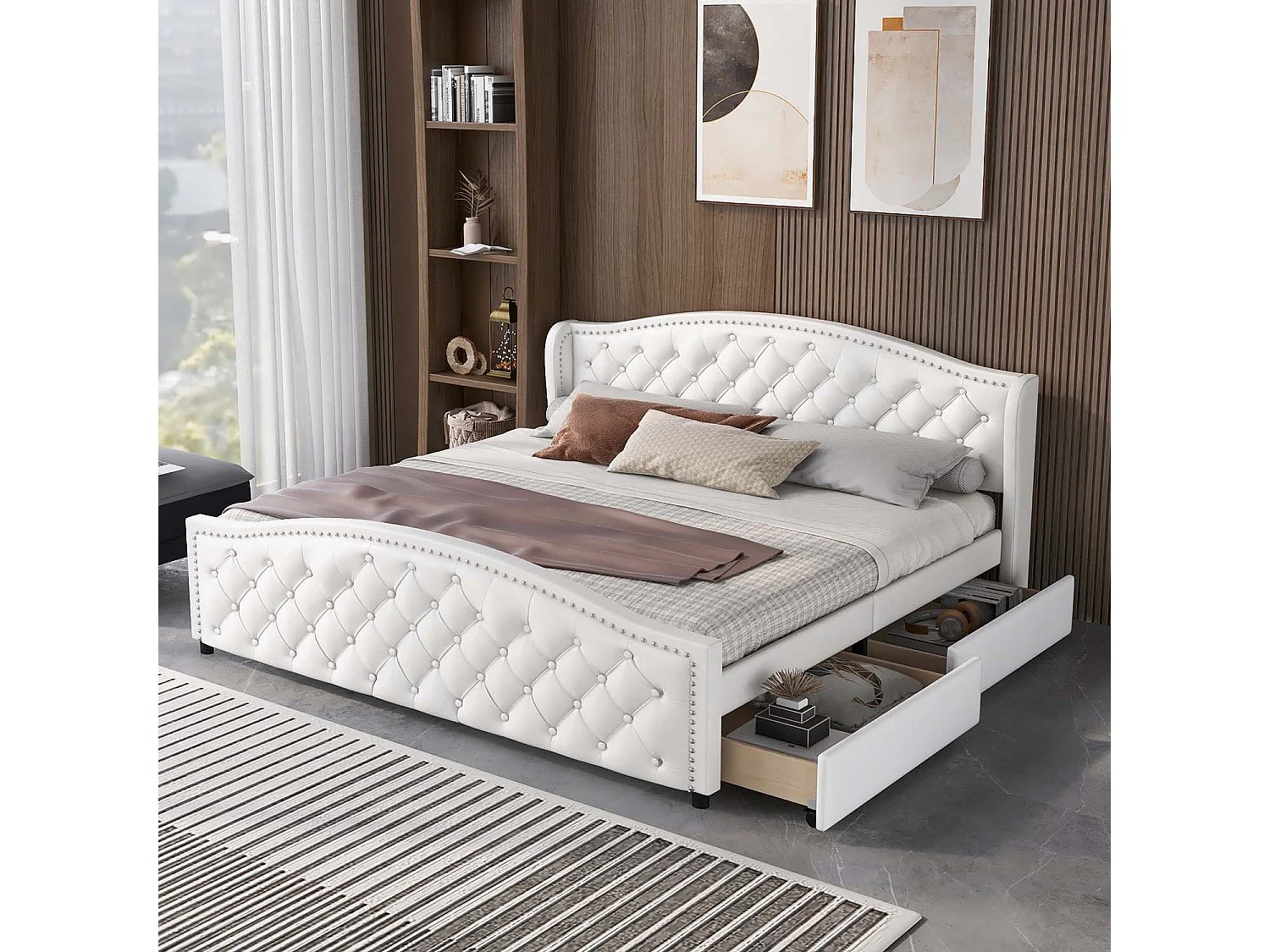 Letto per adulti imbottito in similpelle - 180x200 cm - con 2 cassetti - Bianco