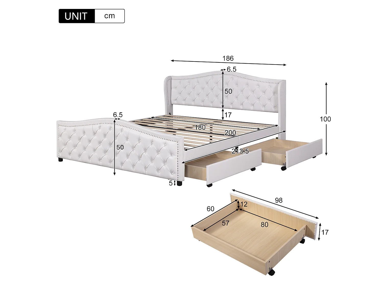Mit Kunstleder gepolstertes Erwachsenenbett – 180 x 200 cm – mit 2 Schubladen – Weiß