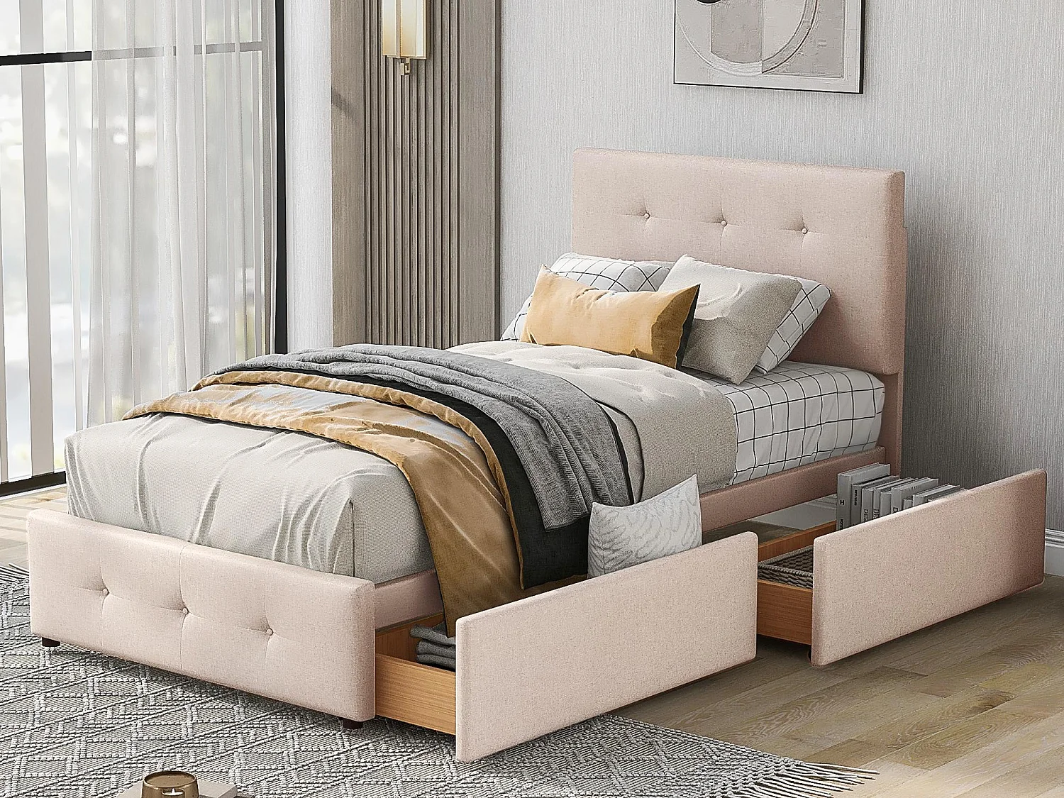 Cama tapizada de terciopelo 90x200cm - cama individual con 2 cajones y somier - Crema