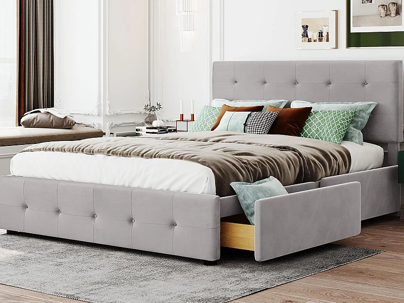 Tweepersoonsbed bekleed met fluweel - 140x200cm - met 4 lades en lattenbodem - Grijs