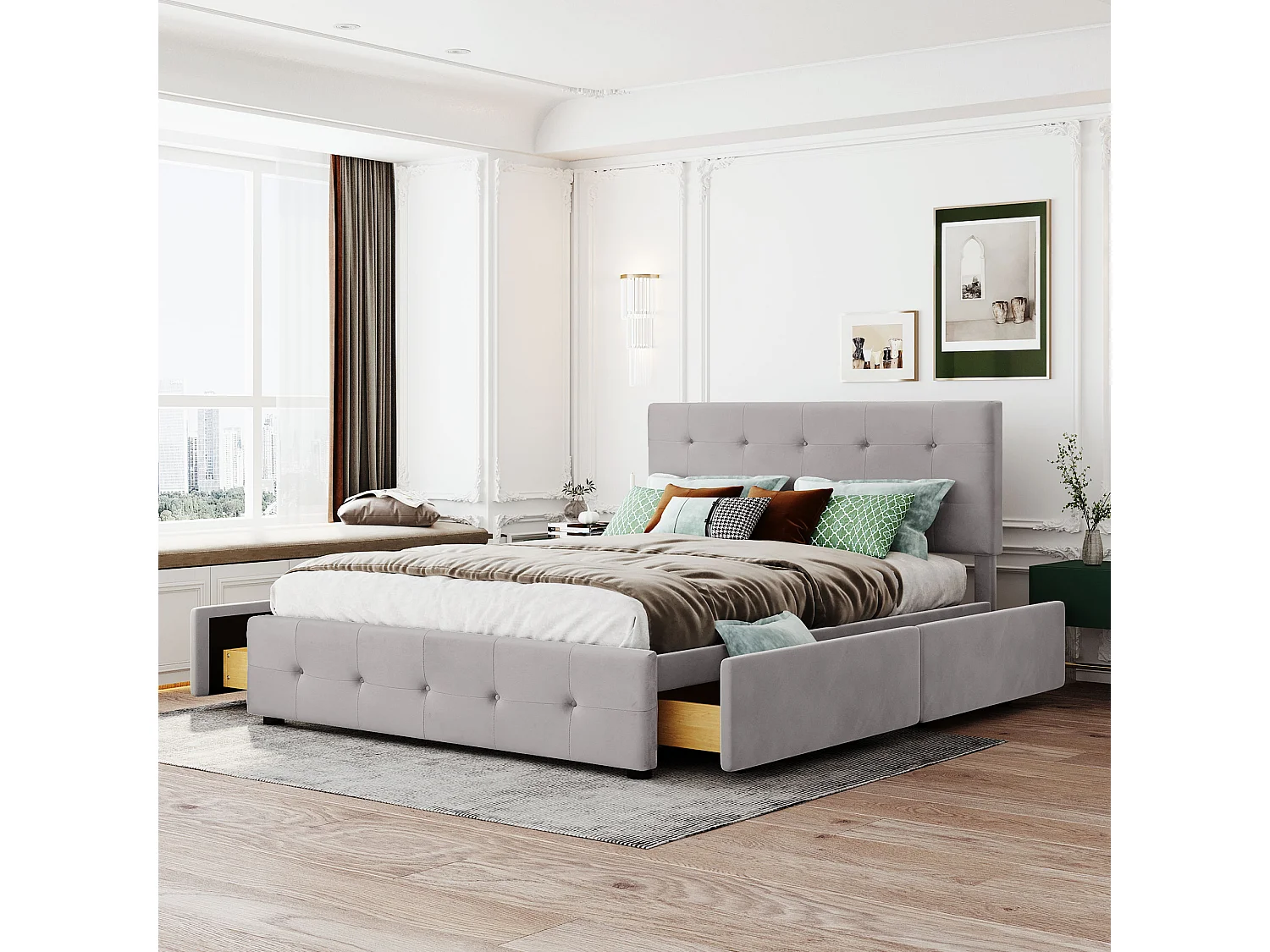 Tweepersoonsbed bekleed met fluweel - 140x200cm - met 4 lades en lattenbodem - Grijs