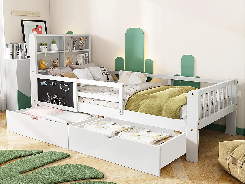 Cama infantil de madera maciza - 90x200 cm - con cajones y estantes - Blanco