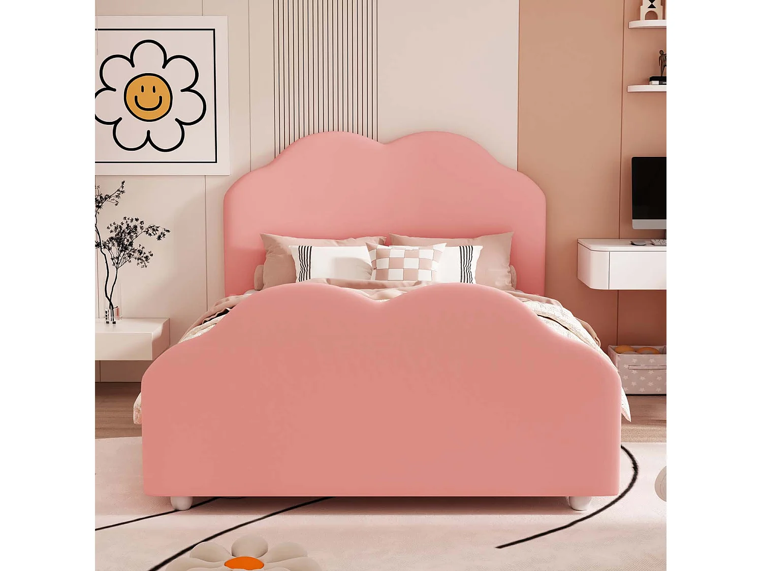 Samtgepolstertes Kinderbett – 90 x 200 cm – mit wolkenförmigem Kopfteil + Lattenrost – Rosa