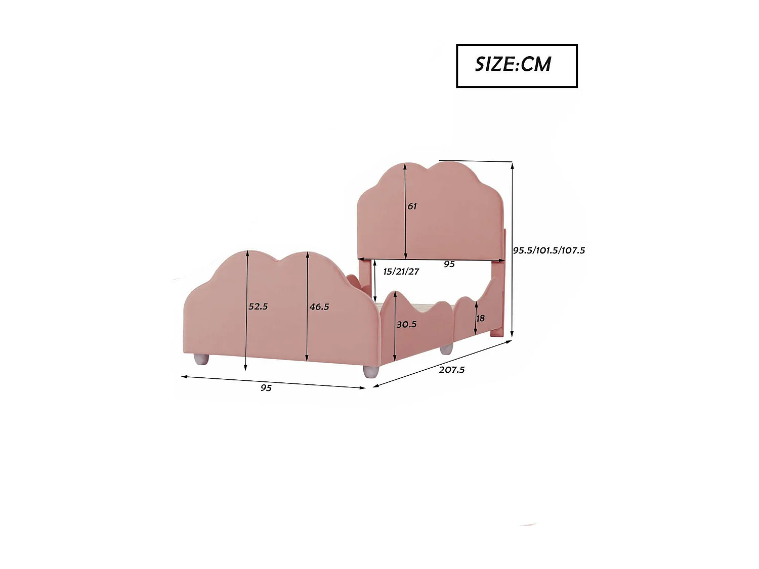 Samtgepolstertes Kinderbett – 90 x 200 cm – mit wolkenförmigem Kopfteil + Lattenrost – Rosa