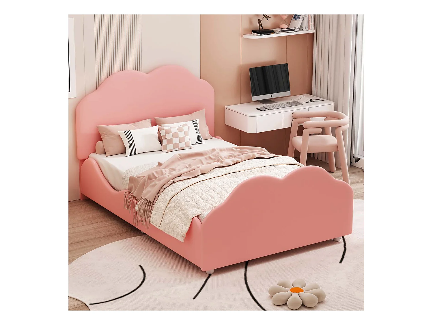 Lit enfant rembourré en velours - 90x200cm - avec tête de lit en forme de nuage + sommier à lattes - Rose