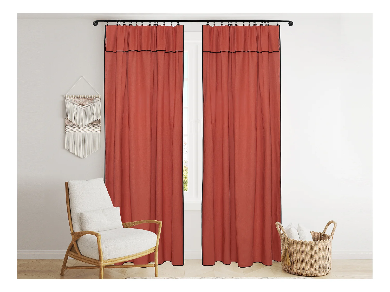 Lot de 2 rideaux en coton et lin - L. 140 x H. 280 cm  - Terracotta - BORINA