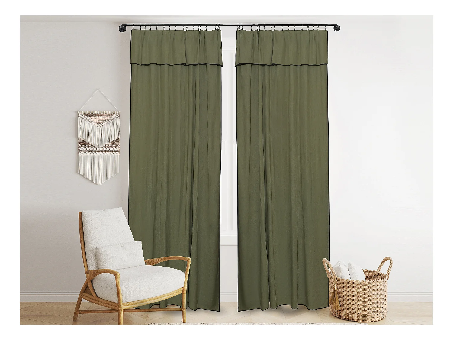 Lot de 2 rideaux en coton et lin - L. 140 x H. 280 cm  - Kaki - BORINA