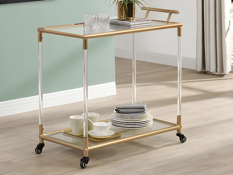 Servierwagen mit Rollen - Zwei Platten aus Sicherheitsglas - Metall - Transparent & Goldfarben - ORULA