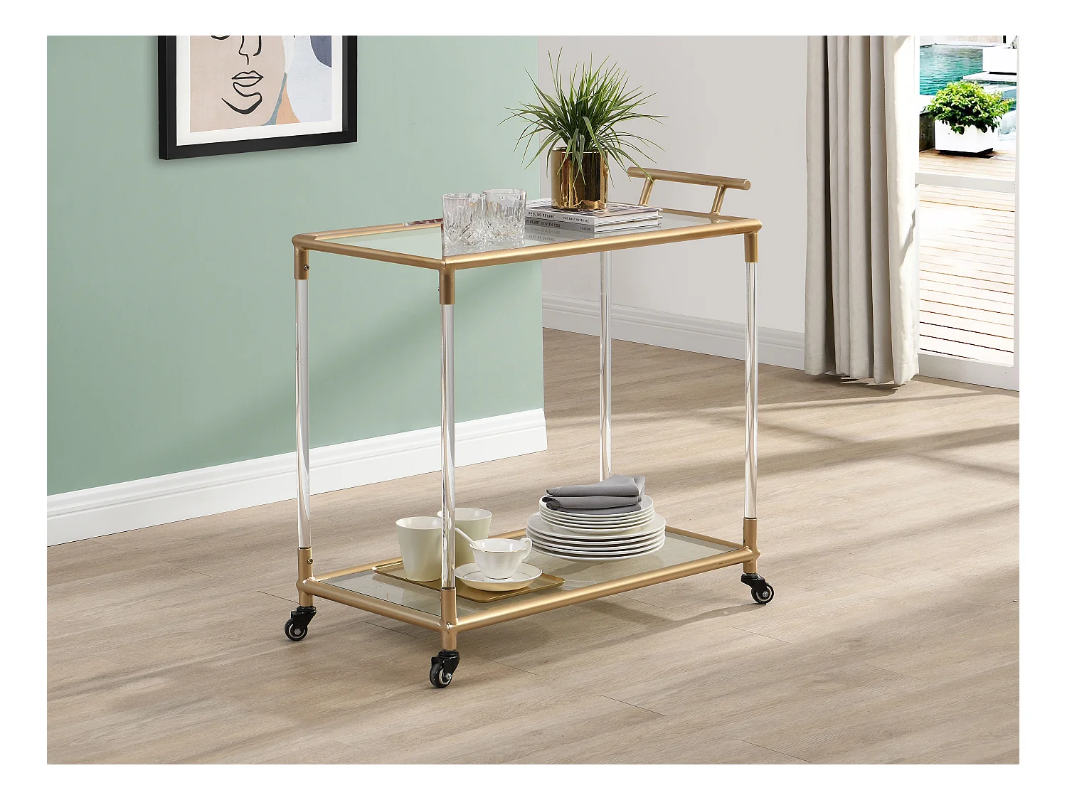 Desserte de cuisine à roulettes double plateau en verre trempé et métal - Transparent et doré - ORULA