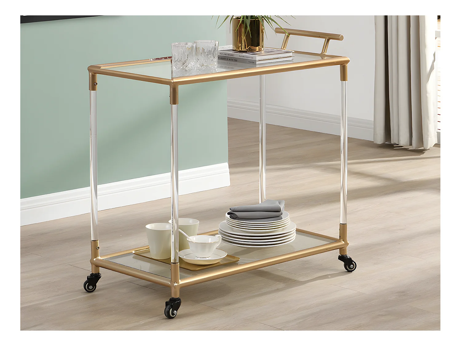 Mesa auxiliar de cocina con ruedas doble tablero de cristal templado y metal - Transparente y dorado - ORULA