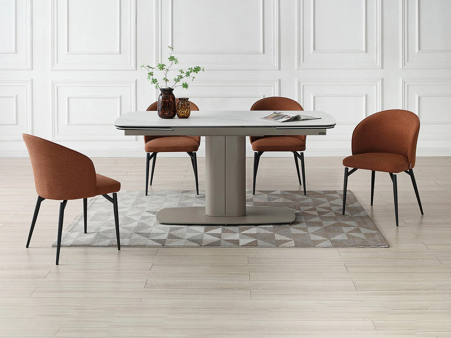 Table à manger extensible 6 à 10 personnes en céramique et métal - Effet marbre blanc et taupe - CARIOULA de Pascal MORABITO