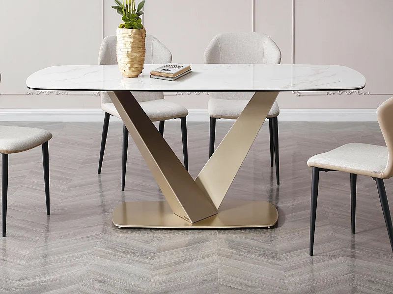 Verlengbare eettafel 6 plaatsen van keramiek en metaal - Wit marmereffect en goud - PORELIMA van Pascal MORABITO