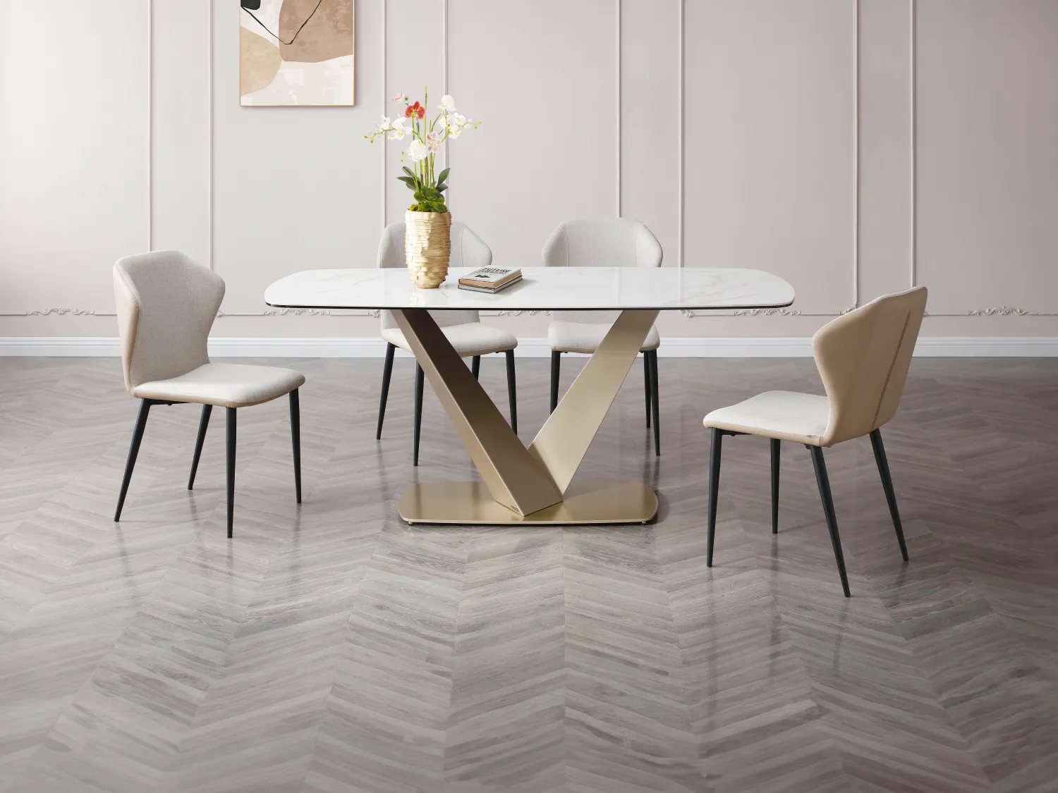 Verlengbare eettafel 6 plaatsen van keramiek en metaal - Wit marmereffect en goud - PORELIMA van Pascal MORABITO