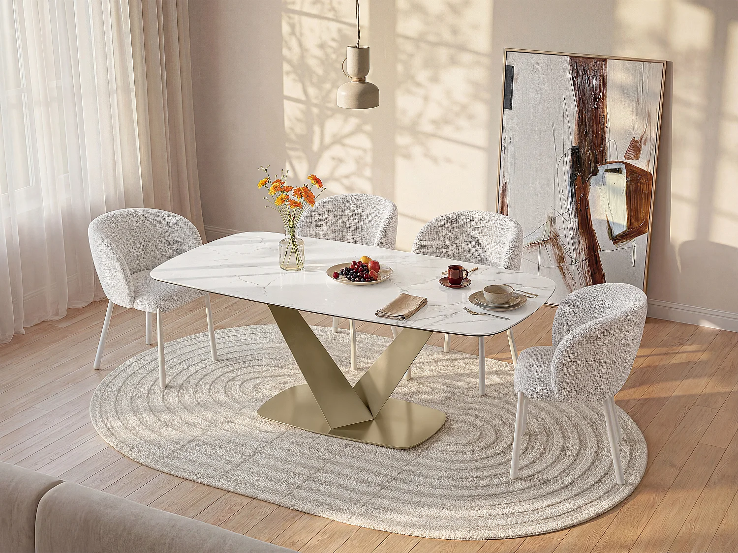 Mesa de jantar de 6 lugares em cerâmica e metal efeito mármore branco e dourado - PORELIMA de Pascal MORABITO