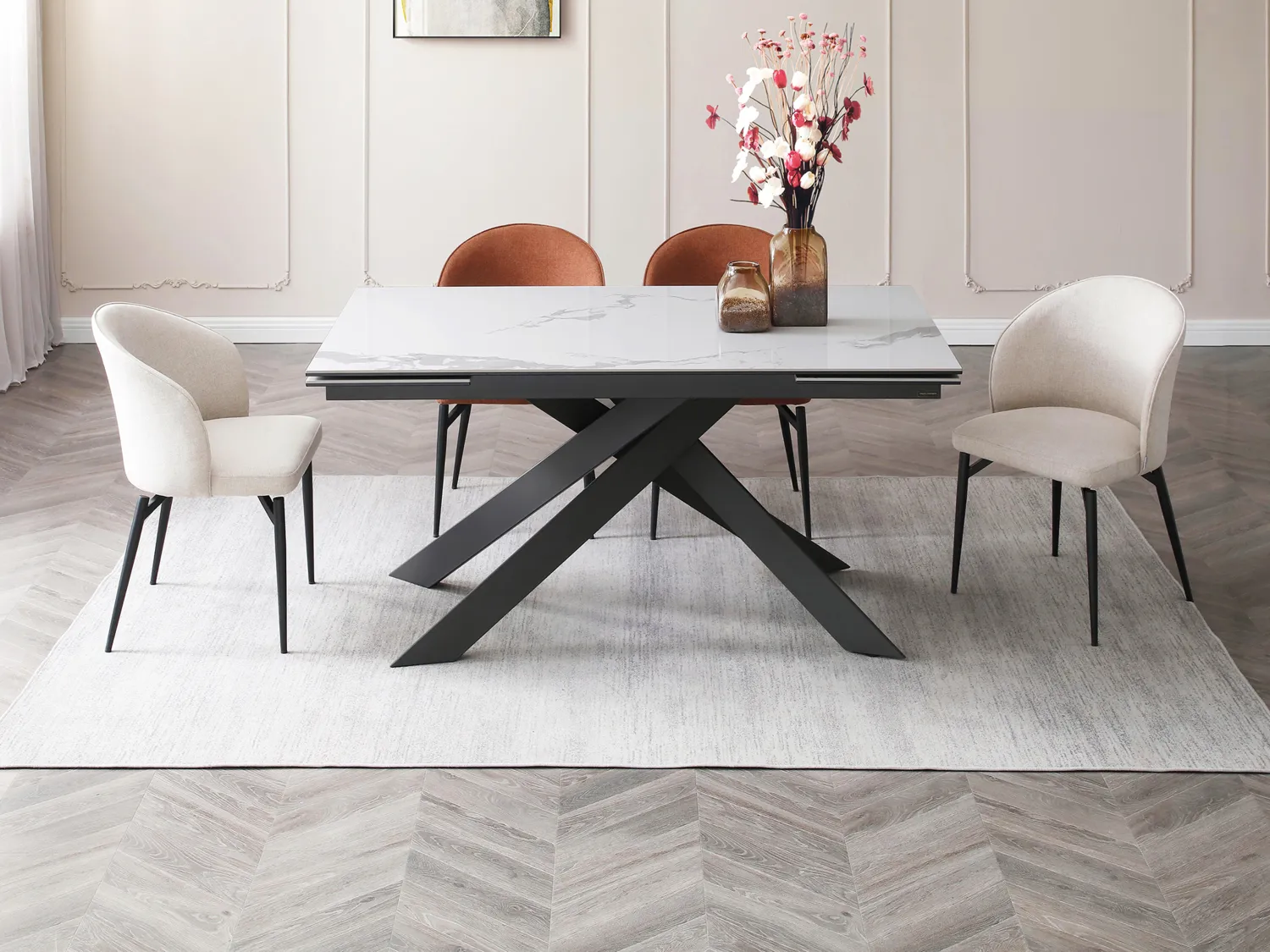 Mesa de comedor extensible 6 a 10 comensales de cerámica y metal - Efecto mármol blanco y antracita - COREMA de Pascal MORABITO