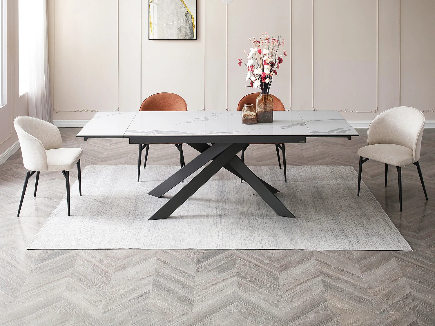 Mesa de jantar extensível de 6 a 10 lugares em cerâmica e metal efeito mármore branco e antracite - COREMA de Pascal MORABITO