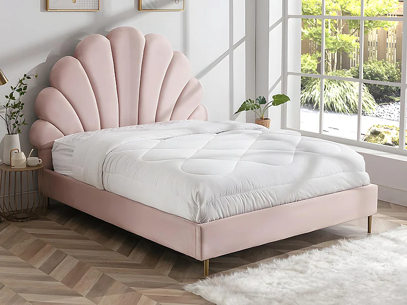 Bed met hoofdeinde in schelpvorm - 160 x 200 cm - Velours - Roze - LIVAYA