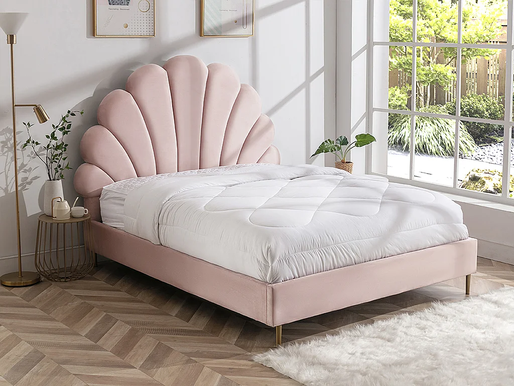 Lit coquillage 160 x 200 cm - Velours - Rose - LIVAYA
