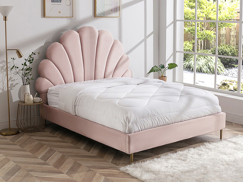 Vente-unique Bett Mit Kopfteil In Muschelform - 160 X 200 Cm - Samt- Rosa - Livaya