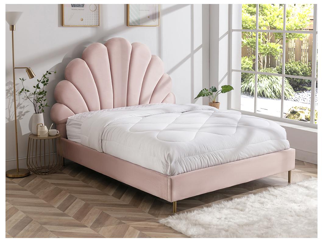 Bett mit Kopfteil in Muschelform - 160 x 200 cm - Samt- Rosa - LIVAYA