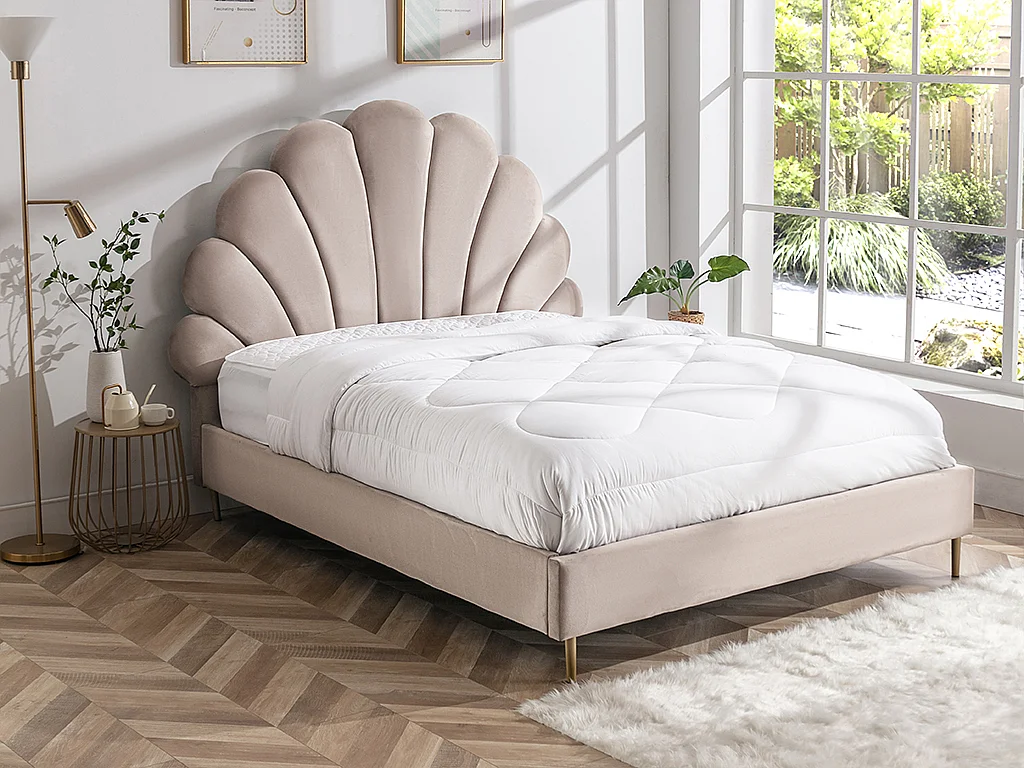 Lit coquillage 160 x 200 cm - Velours - Beige - LIVAYA