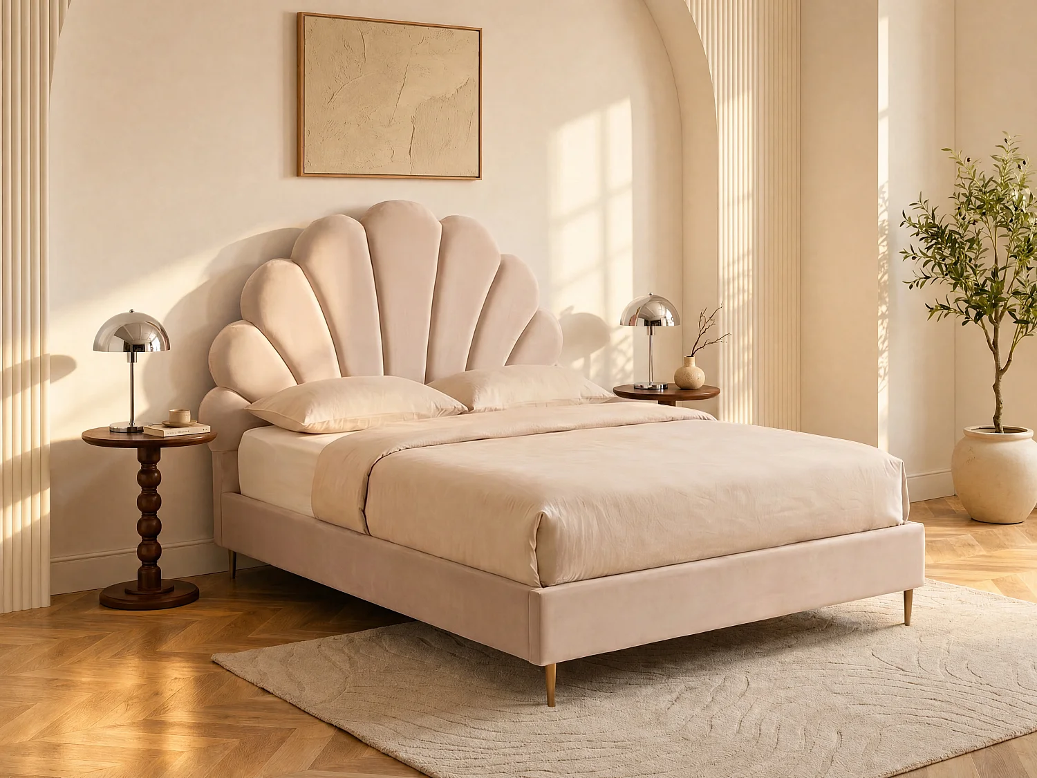 Bett mit Kopfteil in Muschelform - 160 x 200 cm - Samt- Beige - LIVAYA