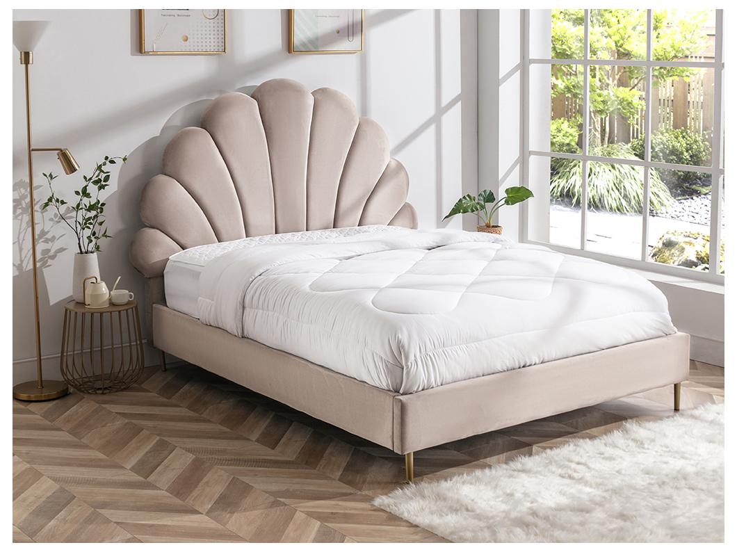 Lit coquillage 160 x 200 cm - Velours - Beige - LIVAYA
