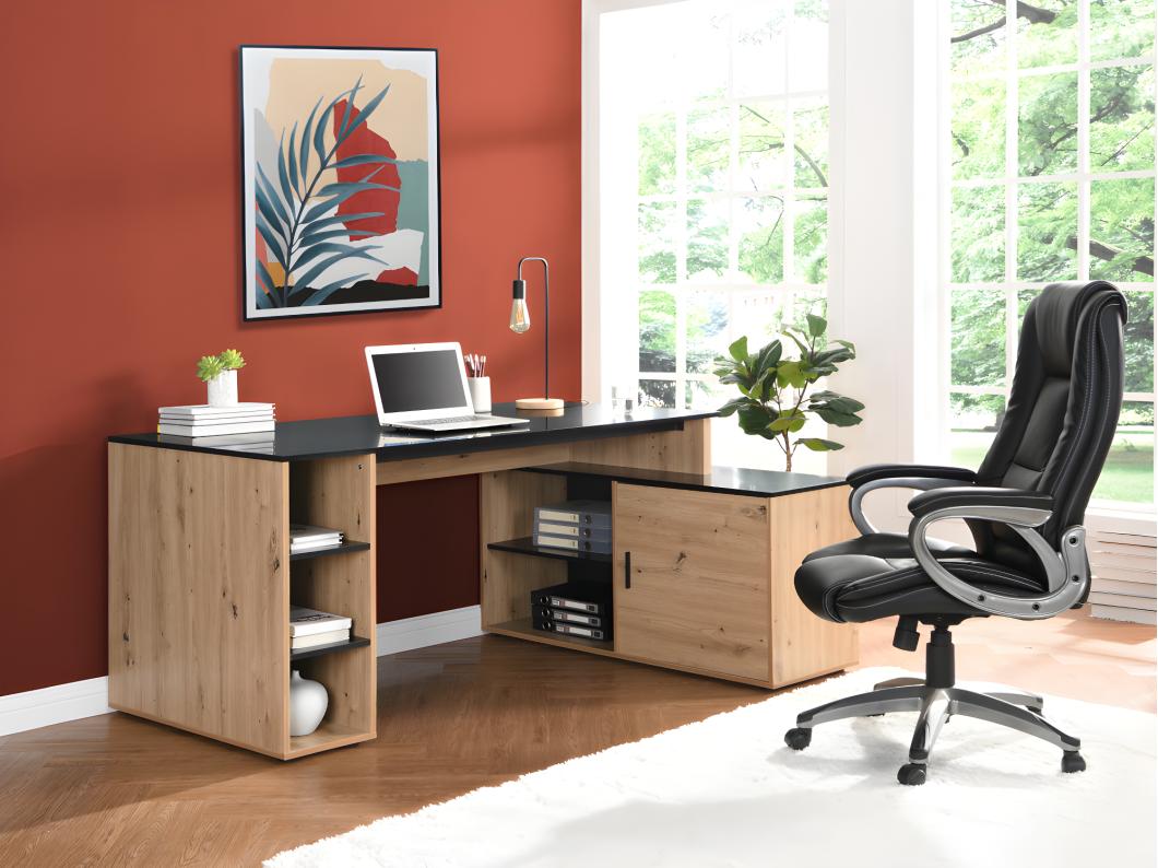 Secretária de canto com espaços de arrumação MDF natural e preto - ROMIARA