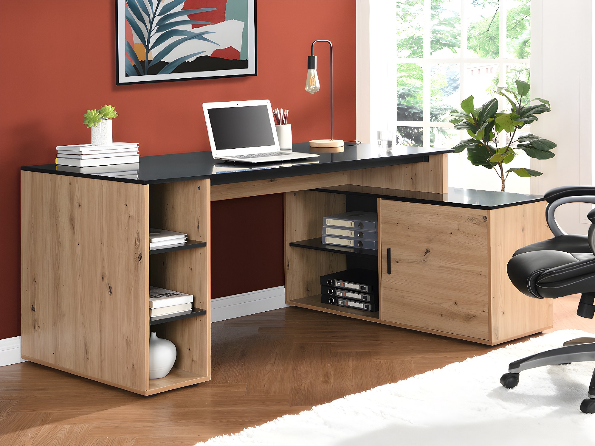 Bureau D angle Avec Rangements En MDF Naturel Et Noir ROMIARA