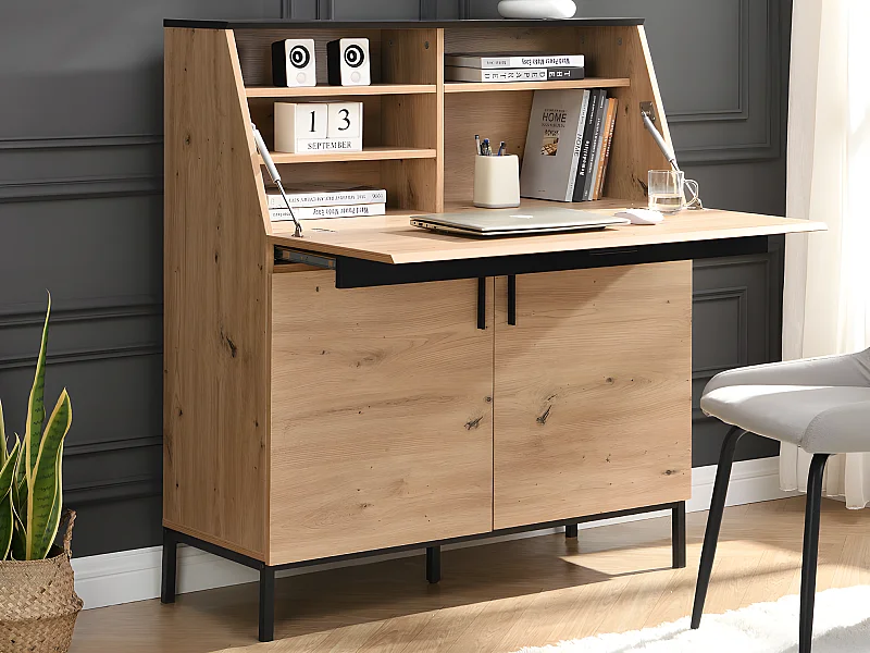 Secrétaire avec 2 portes - MDF - Naturel et Noir - MALEDA