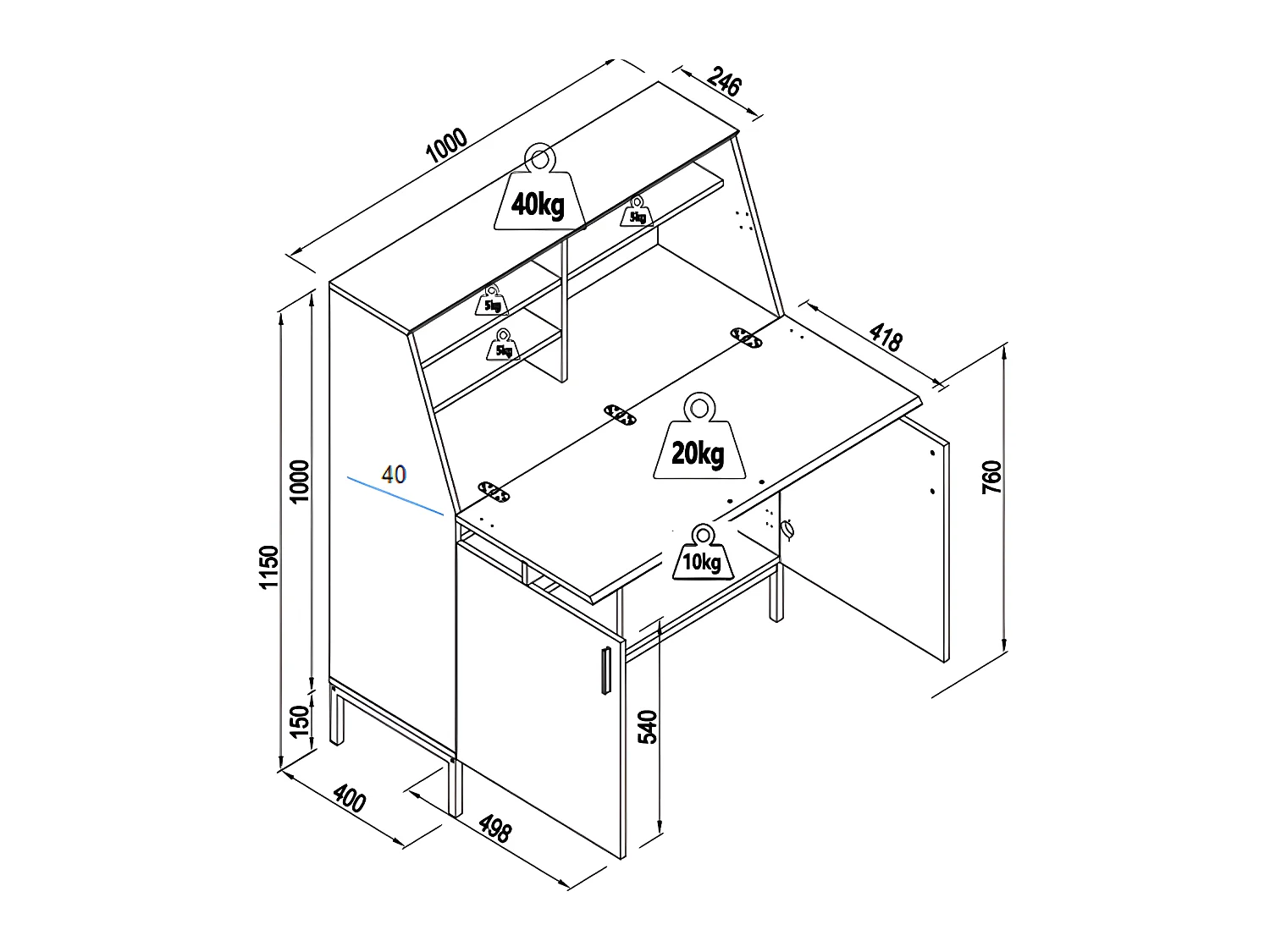 Schreibtisch mit 2 Türen - MDF - Naturfarben & Schwarz - MALEDA